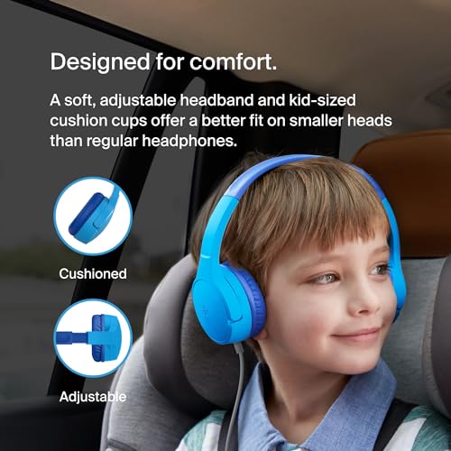 Belkin SoundForm Mini Kids Wired Headphones with Built-in Microphone & Fun Stickers, 85dB Safe Volume Limit – for Online Learning, Travel, Compatible w/iPhone 15, iPad, Galaxy S23, & More - Blue - color: Blue, style: Wired