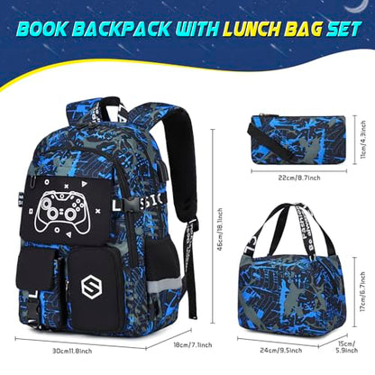 Scothen Boys Backpack, Cool Luminous School Backpacks for Boys with Lunch Bag Pencil Case, Kids Backpack Kindergarten Elementary Middle School Book Bags for Teen Boy Children with USB Charging Port - color: Cool Blue