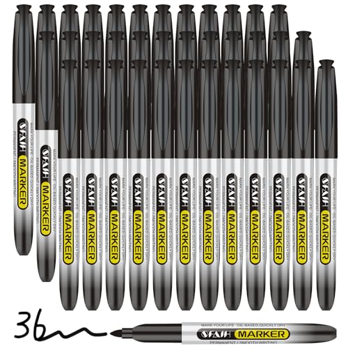 SFAIH Black Permanent Markers Bulk - 36 Pack, 1s Quick Dry, Non-Fading, Fine Point Permanent Pens for Plastic Glass Metal Wood Paper Stone, Office Classroom Kitchen, Doodling, Marking, Waterproof - color: 36 Black