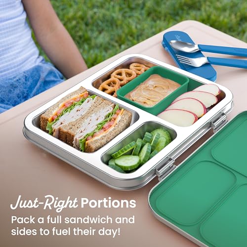 Bentgo Kids Stainless Steel Leak-Resistant Lunch Box - 3-Compartments with Bonus Silicone Container, Durable, Eco-Friendly, Dishwasher Safe, BPA-Free, Ideal for School, Ages 3+ (Green) - color: Green