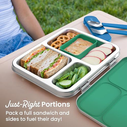 Bentgo Kids Stainless Steel Leak-Resistant Lunch Box - 3-Compartments with Bonus Silicone Container, Durable, Eco-Friendly, Dishwasher Safe, BPA-Free, Ideal for School, Ages 3+ (Green) - color: Green