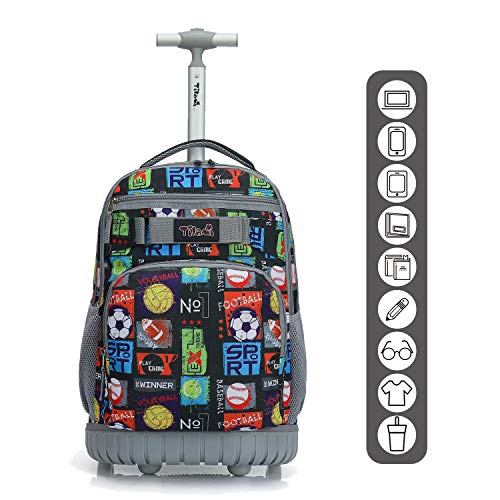 Tilami Rolling Backpack 18 inch Wheeled Laptop Backpack School College Student Travel Trip Boys and Girls, Sport Balls - color: Sport Balls Black