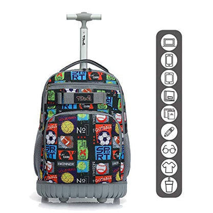 Tilami Rolling Backpack 18 inch Wheeled Laptop Backpack School College Student Travel Trip Boys and Girls, Sport Balls - color: Sport Balls Black