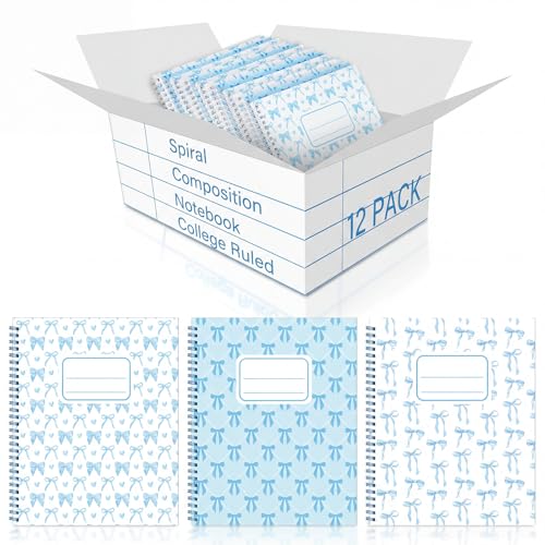 Jetec 12 Pack Blue Bow Composition Notebooks Preppy Cute Coquette Spiral Notebook 9-3/4 x 7-1/2 Inch College Ruled Hard Cover Journal Back to School Teacher Gifts Preppy School Supplies, 100 Pages - color: Blue