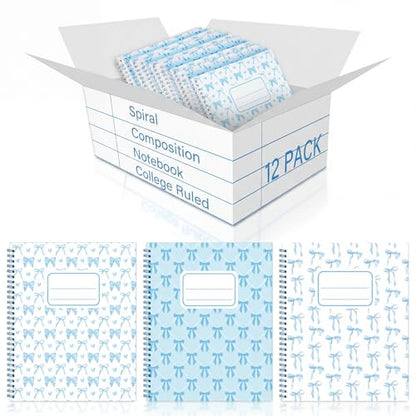 Jetec 12 Pack Blue Bow Composition Notebooks Preppy Cute Coquette Spiral Notebook 9-3/4 x 7-1/2 Inch College Ruled Hard Cover Journal Back to School Teacher Gifts Preppy School Supplies, 100 Pages - color: Blue