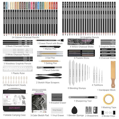 HIFORNY 126 PCS Drawing Kit Sketching Pencil Set,Sketch Pencils Art Supplies with 3-Color Sketchbook,Graphite,Charcoal,Blending Tools,Drawing Pencils for Adults Artists in Zipper Case