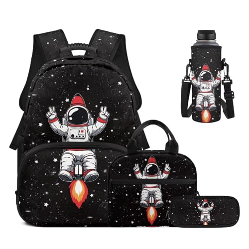 17 Inch Kid's 4PCS Backpack Set, Back to School Essentials | Insulated lunch box, water bottle pouch, pencil case, lightweight, padded shoulder straps, for elementary, middle school - color: Cartoon Astronaut