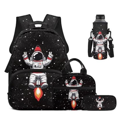 17 Inch Kid's 4PCS Backpack Set, Back to School Essentials | Insulated lunch box, water bottle pouch, pencil case, lightweight, padded shoulder straps, for elementary, middle school - color: Cartoon Astronaut