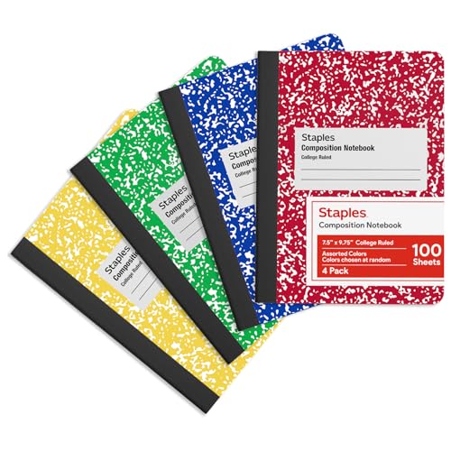 STAPLES Composition Notebook, College Ruled, 100 Sheets, Assorted Colors, 4‑Pack - size: 4 Pack, style: Assorted Colors