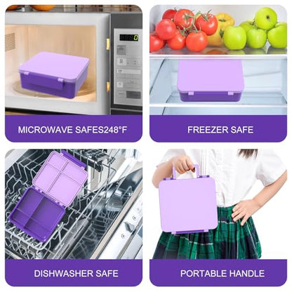 Kids Bento Lunch Box with 8oz Soup Thermo, Water Bottle, Kids Leakproof Lunch Food Containers with 4 Compartment, Insulated Hot Food Jar with Lunch Bag for School, Trvael (Purple) - color: Purple