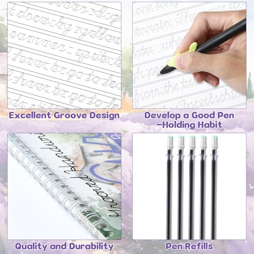 chiazllta 2 Pack Cursive Grooved Handwriting Workbooks Magic Grooved Cursive Reusable Writing Practice Copy Books with Disappearing Ink Pens for Beginners Learning Activities Supplies (Reading&Poems) - style: Reading&Poems