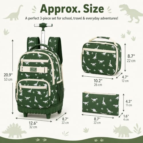 HPJGD 3PCS Dinosaur Roller Backpack for Boys, Kids Rolling Bookbag, Water Resistant Wheeled School Bag Set with Lunch Box - color: Green Dinosaur Rolling Set