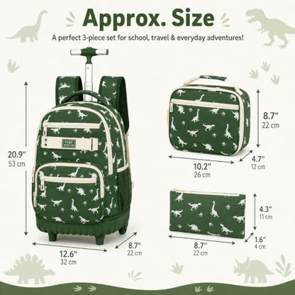 HPJGD 3PCS Dinosaur Roller Backpack for Boys, Kids Rolling Bookbag, Water Resistant Wheeled School Bag Set with Lunch Box - color: Green Dinosaur Rolling Set