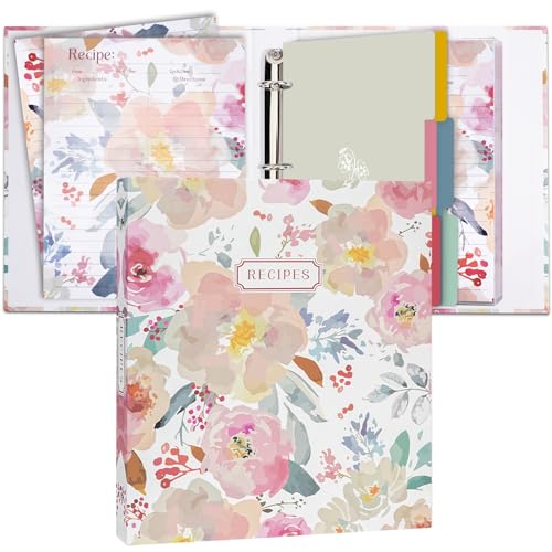 3 Ring Binder - 8.5x11, Full Page, 25 Slot Pages & 25 Recipe Cards, Set with 6 Dividers, Organizer for Kitchen Recipe Book - color: Watercolor, size: Large