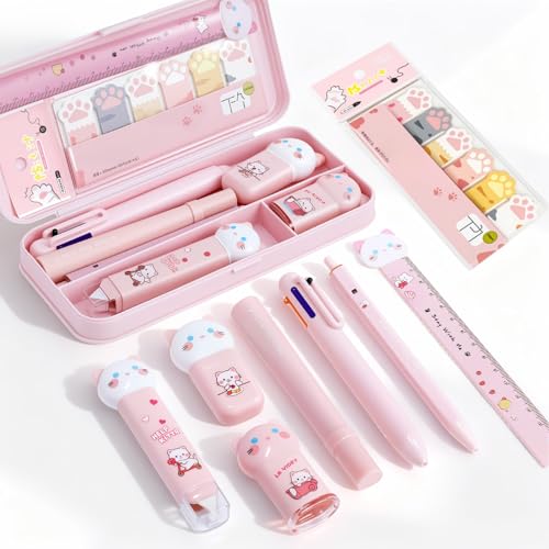 9Pcs Pink Cute Cat Stationery Gifts Set School Supplies Kawaii Japanese Stationery Christmas Birthday GIFS Includes Pencil Sharpener Highlighter Correction Tape Pens Ruler for Office School Supplies - style: 9pcs pink cute cat