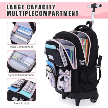 Bevalsa Rolling Backpack for Girls, Roller Backpack with Wheels, Cute Bow Wheeled School Bookbag Set with Lunch Bag & Pen Case, Suitcases for Kids Teens Elementary Middle Student (Black Pink) - color: Black Pink