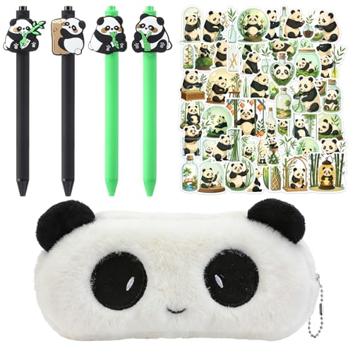 Cute Panda Stationery Set - Fluffy Plush Pencil Case, 4pcs Retractable Gel Pens (Black Ink) & 50pcs Kawaii Panda Stickers - Aesthetic School Supplies Gift for Girls, Teens, and Kids