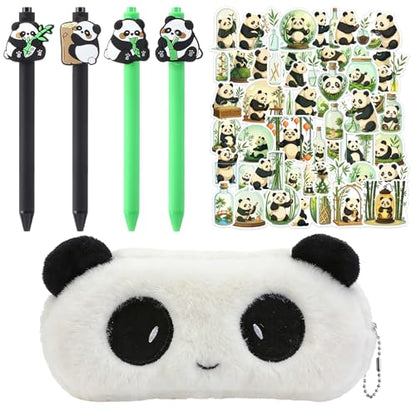 Cute Panda Stationery Set - Fluffy Plush Pencil Case, 4pcs Retractable Gel Pens (Black Ink) & 50pcs Kawaii Panda Stickers - Aesthetic School Supplies Gift for Girls, Teens, and Kids