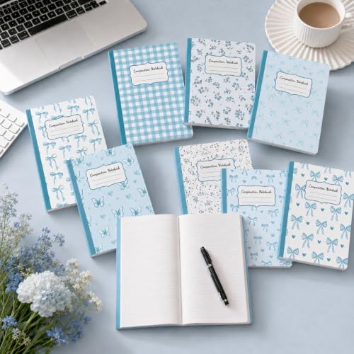 8 Pack Blue Bow Composition Notebooks Bulk Blue Notebook College Ruled Journal 100 Pages Cute Aesthetic Bow Composition Books Back to School Gift for Student Teacher Office Supplies 9.7x7.5 Inch - color: Blue Bow