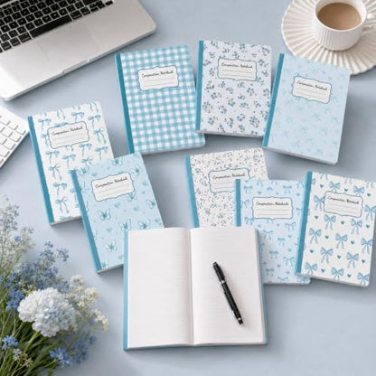 8 Pack Blue Bow Composition Notebooks Bulk Blue Notebook College Ruled Journal 100 Pages Cute Aesthetic Bow Composition Books Back to School Gift for Student Teacher Office Supplies 9.7x7.5 Inch - color: Blue Bow