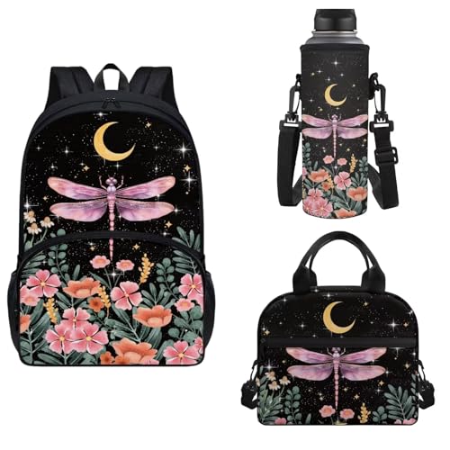 Horeset Dragonfly Moon Floral Print Backpack Set for Boys 3 Pack Book Bag with Water Holder Case Meal Bag, Travel Rucksack 17inch School Bag with Side Mesh Pocket - color: Dragonfly Moon Floral