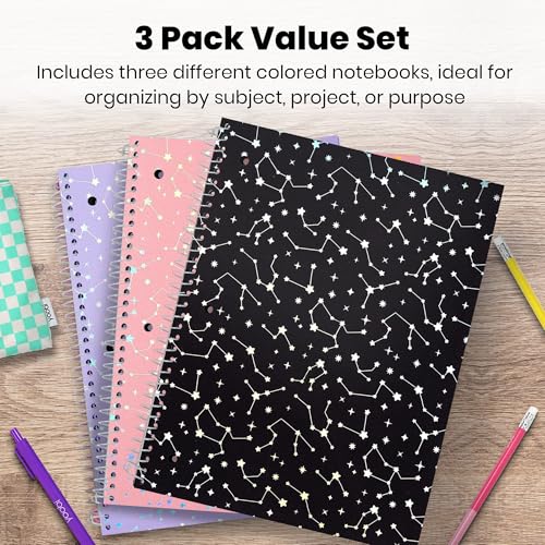 Yoobi College Ruled 8 x 10.5” Spiral Notebook Set – 3-Pack of 1 Subject Notebooks, Pink, Purple & Black Celestial Patterns – 150 Perforated 3-Hole Punched Sheets - color: Holographic Constellation, size: Pack of 3