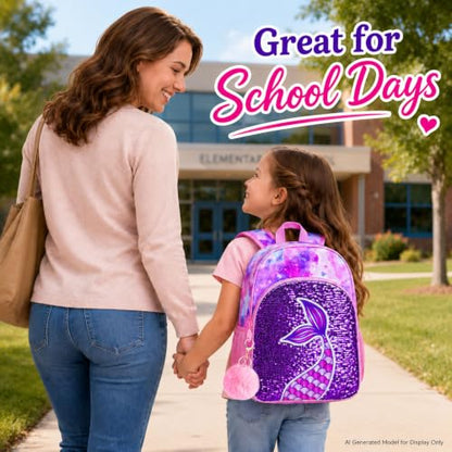 gxtvo 3PCS Girls Backpack, 16" Sequin Prechool Elementary Bookbag and Lunch Box - color: Fish Tail Pink