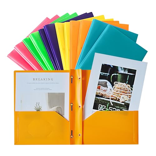 Seashell 12 Pack 2 Pocket Folders with Prongs, Plastic 3 Hole Punched Folder with Two Pockets, Letter Size, Heavy Duty, Assorted Colors, for Office and Classroom Use