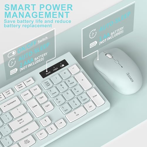 Wireless Keyboard and Mouse Combo, Full-Sized Wireless Keyboard and Adjustable DPI Mouse, 2.4GHz USB Receiver, Keyboard and Mouse for PC, Windows, Desktop, Laptop (Mint Green and White) - color: Mint Green and white