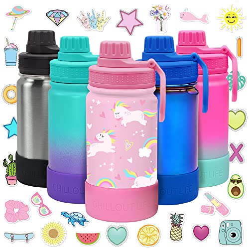 CHILLOUT LIFE 12oz Kids Insulated Stainless Steel Water Bottle with Leak Proof Spout Lid & 144 Stickers - color: Pink Unicorn, style: 12 oz