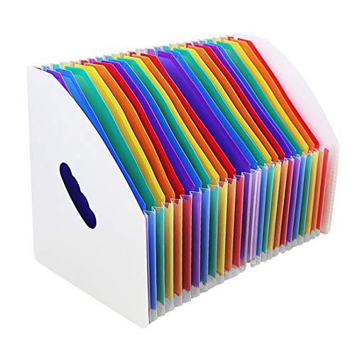 SAYEEC Rainbow Expanding File Holder Standing A4 Vertical Mini Book Organizer Magazine Basket Desktop 24 Pockets Files Folder with Handle for Students Examination Paper Bills Office Study - color: 24 Pockets - White&rainbow
