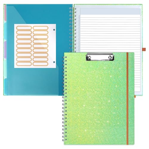 Glitter Clipboard Notebook with Storage for Letter Size, 8.5 x 11 Notepad Holder with 5 Folders and Dividers, Size 12.8X 9.7 in, Spiral Portfolio for Nursing Teacher School Supplies,Green - color: Green