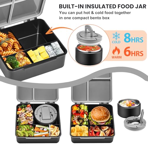 Bento Lunch Box for Kids with 8oz Soup Thermo,Kids Leakproof Lunch Food Containers with 4 Compartment,Kid Insulated Thermo Hot Food Jar for School,Trvael-Black - color: Black