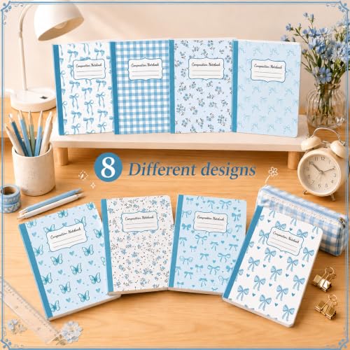 8 Pack Blue Bow Composition Notebooks Bulk Blue Notebook College Ruled Journal 100 Pages Cute Aesthetic Bow Composition Books Back to School Gift for Student Teacher Office Supplies 9.7x7.5 Inch - color: Blue Bow