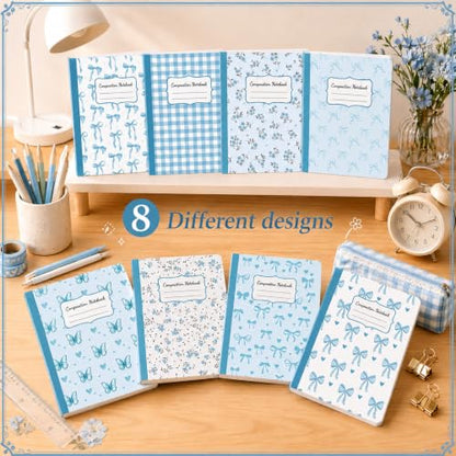 8 Pack Blue Bow Composition Notebooks Bulk Blue Notebook College Ruled Journal 100 Pages Cute Aesthetic Bow Composition Books Back to School Gift for Student Teacher Office Supplies 9.7x7.5 Inch - color: Blue Bow