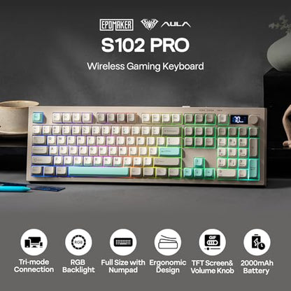 EPOMAKER Aula S102 PRO Membrane Gaming Keyboard w/TFT Screen & Volume Knob | Silent Keyboard w/ Number Pad for PC Game/Office, BT/2.4G/USB, RGB Backlit, Creamy Silicone Structure (Grey) - color: Grey