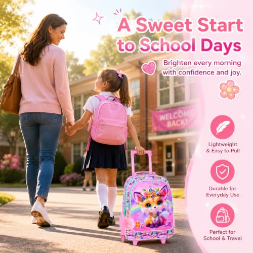 3Pcs Rolling Backpack for Girls, Fox Roller Bookbag with Lunch Box, Kids School Backpacks with Wheels for Elementary Preschool(Yellow) - color: Fox Yellow
