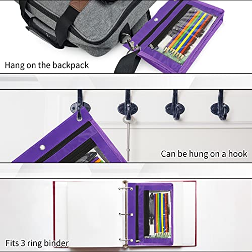 YoeeJob 2 Pack 1 Inch Expandable Zipper Pencil Pouches with Clear Window for 3 Ring Binder, Suitable for School & Office (Purplek) - color: Purple