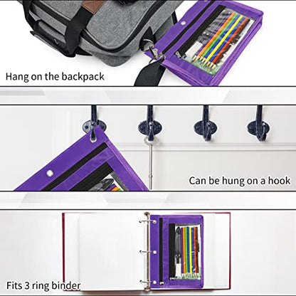 YoeeJob 2 Pack 1 Inch Expandable Zipper Pencil Pouches with Clear Window for 3 Ring Binder, Suitable for School & Office (Purplek) - color: Purple