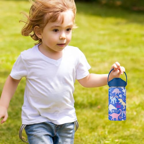 Kids Water Bottle with Straw Lid-12 oz Insulated Stainless Steel Thermal Cup, Leakproof Wide Mouth Sports Bottle Keeps Cold 12H & Hot 6H for Gym Office Outdoor - color: Dinosaur