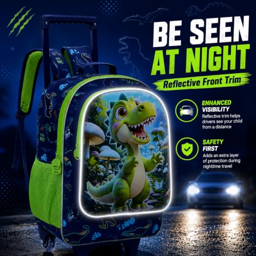 CCJPX 18" Dinosaur Rolling Backpack for Boys, 3Pcs Kids Wheeled Bookbag with Lunch Box, Lightweight Roller School Bag for Elementary Preschool(Green) - color: Green Dinosaur02