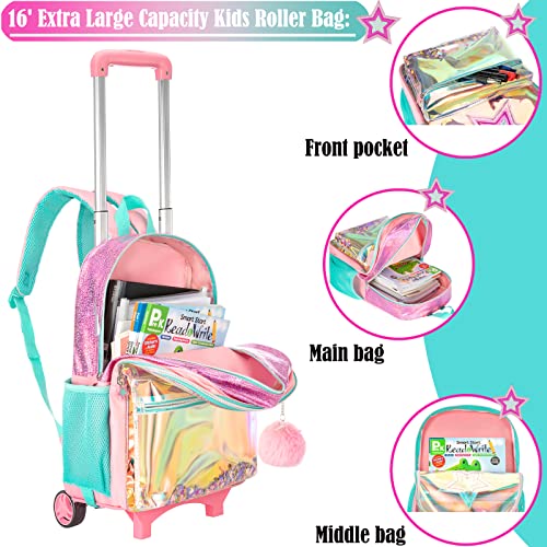 School Kids Rolling Backpack for Girls With Wheels Trolley Wheeled Backpacks Travel Bags 3PCS With Lunch Box Kids Rolling Suitcase Pink - color: Magic Color-1216-2