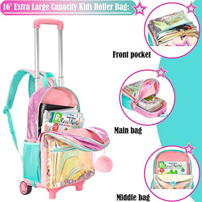 School Kids Rolling Backpack for Girls With Wheels Trolley Wheeled Backpacks Travel Bags 3PCS With Lunch Box Kids Rolling Suitcase Pink - color: Magic Color-1216-2
