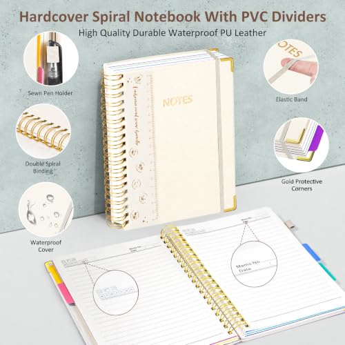 Hardcover Spiral Notebook Journal with Removable PVC Dividers - 8'' x 10'' Large 300 Page B5 Hardcover Leather College Lined Journals Notebook for Work Note Taking Office Home School Supplies, White - color: white