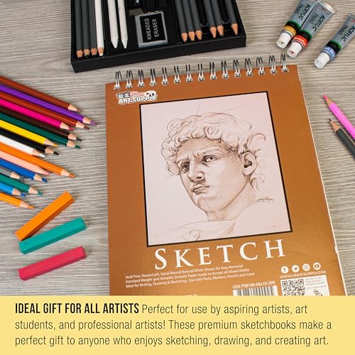 U.S. Art Supply 8"x10" Top Spiral Bound Sketch Book, 2 Pack, 100 Sheets Each, 60lb (100gsm), Acid-Free, Artist Sketchbook, Drawing Pad for Adults & Students - size: 8-x-10-inch