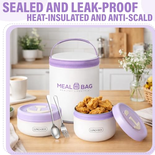 Dandat 2 Pcs Portable Insulated Lunch Containers Thermal Bento Box with Bag Fork Knife Stainless Steel Lunch Box 15.2 oz 21 oz Separate Stackable Food Jar for Adult Men Women(Purple) - color: Purple