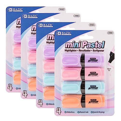 BAZIC PRODUCTS Mini Pastel Highlighters, Chisel Tip, 4 Count, 4-Pack | Quick-dry, assorted pastel mini desk-style highlighters, compact barrel, non-toxic, ASTM D-4236, odorless - size: 1 Count (Pack of 4)