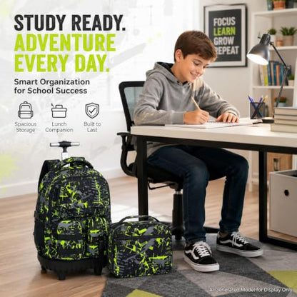 CCJPX 3Pcs Rolling Backpack for Boys, Roller Wheeled School Bookbag, Graffiti Wheels Backpacks with Lunch Box for Kids (Green) - color: Graffiti Green