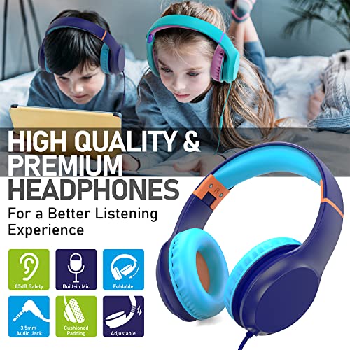 FosPower Kids Headphones with 3.5mm Laced Cables, Children & Teens Over The Ear Foldable Adjustable Headset w/Built-in Mic for Smartphones/PC/Tablet/Laptop/School (Max Volume 85dB) - Blue - color: 06 - Blue