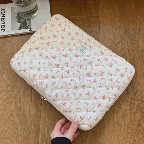 14 inch Maple Leaf Soft Pad Tablet Bag Embroidery Puffy Protective Case Shockproof Cute Quilted Laptop Sleeve Commute Work Study Bag - color: Pink Leaf